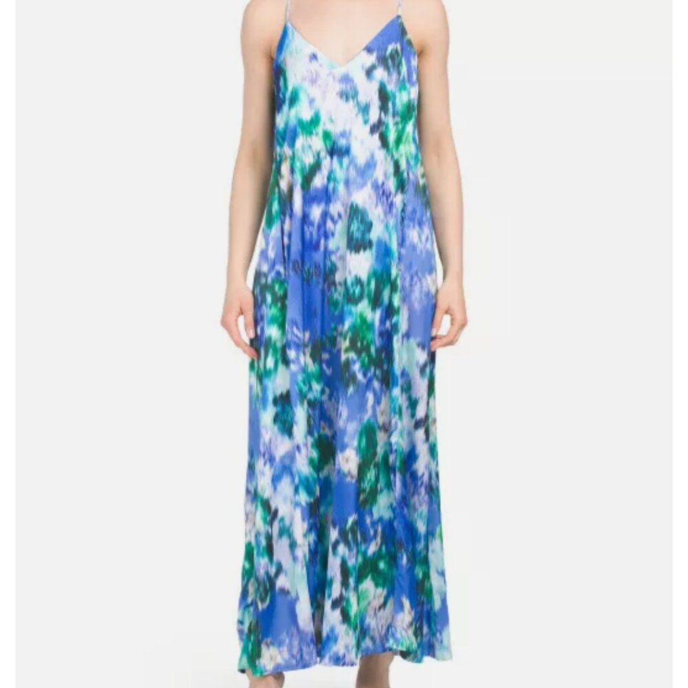 Nicole Miller Vibrant Blue Watercolor Satin Maxi Dress SZ M